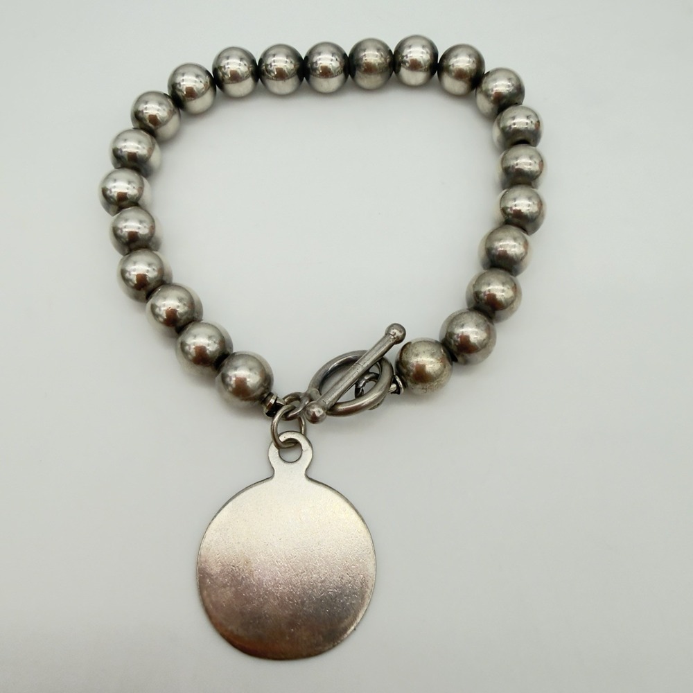 Vintage Sterling Silver 925 Ball Bead Toggle Bracelet Engravable Charm Sz 7